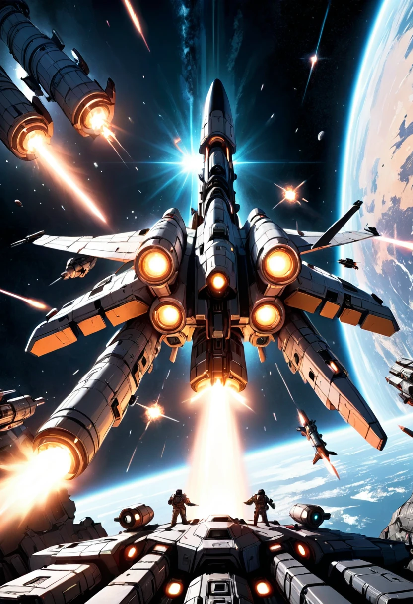 (Space War), sci-fi style, two massive interstellar fleets fiercely engage in a firefight on the planet's orbit, with laser beams and explosions piercing through the dark space. The exploding flames reflect the details of the battleship's steel shell, with a background of starry sky and planets, (panoramic view), award-winning, cinematic still, emotional, vignette, dynamic, vivid, (masterpiece, best quality, Professional, perfect composition, very aesthetic, absurdres, ultra-detailed, intricate details:1.3)