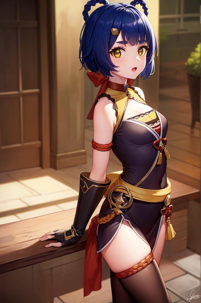 genshinxiangling, xiangling, blue hair, braid, braided hair rings, hair ornament, hair rings, hairclip, (yellow eyes:1.5), (small breasts:1.2), open mouth,
BREAK arm strap, bare shoulders, bell, belt, black footwear, black gloves, boots, brown belt, cleavage, cleavage cutout, clothing cutout, dress, fingerless gloves, gloves, high heels, jingle bell, thigh strap,
BREAK looking at viewer, (cowboy shot:1.5),
BREAK indoors, restaurant,
BREAK (masterpiece:1.2), best quality, high resolution, unity 8k wallpaper, (illustration:0.8), (beautiful detailed eyes:1.6), extremely detailed face, perfect lighting, extremely detailed CG, (perfect hands, perfect anatomy),