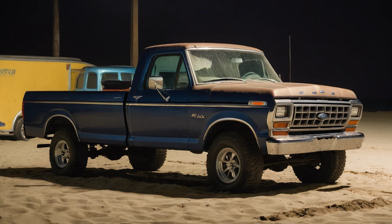 A Ford F-Series with torn tires and a broken driver's window in a sandy parking lot near the beach in the dark of night