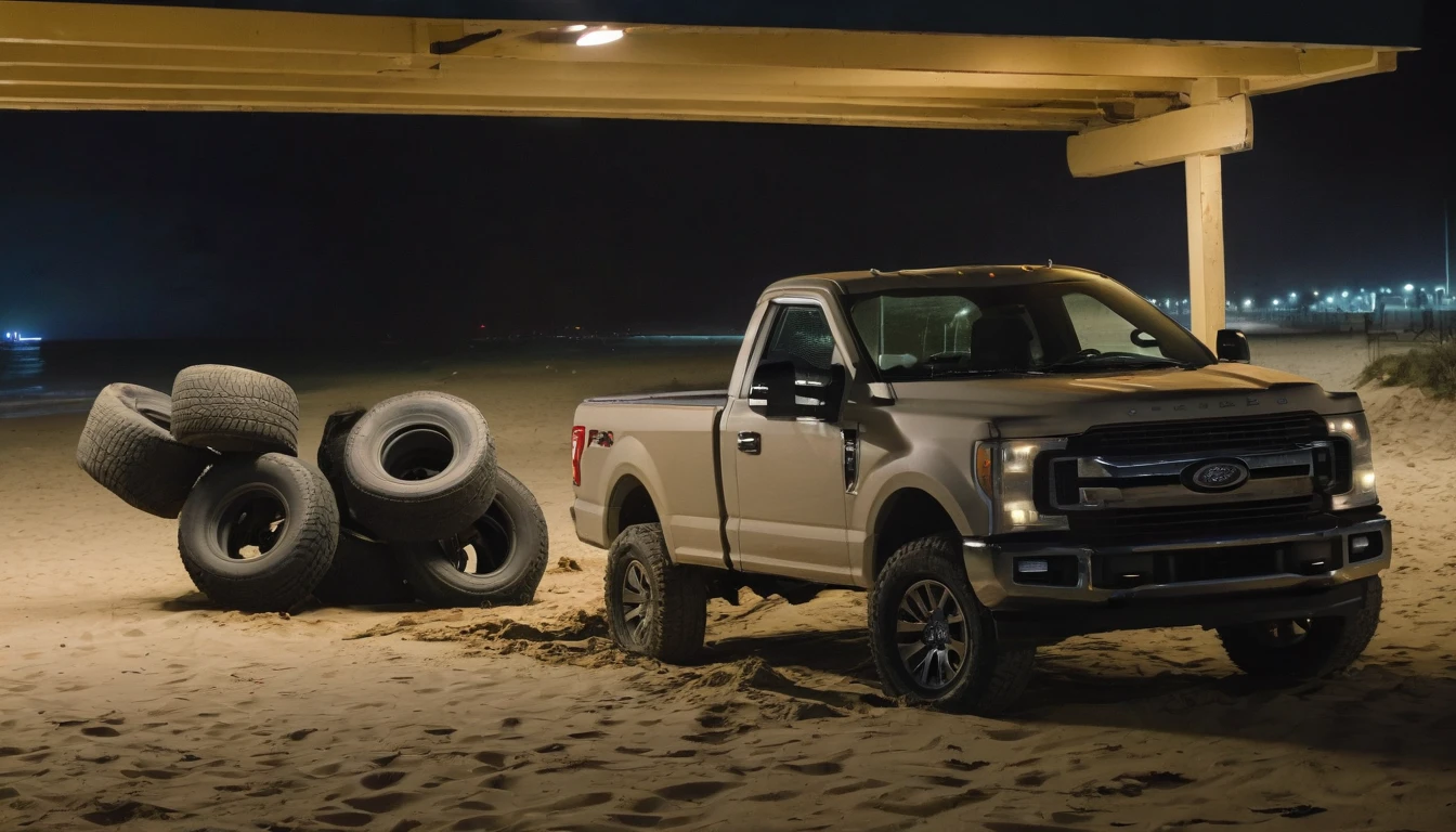 A Ford F-Series with torn tires and a broken driver's window in a sandy parking lot near the beach in the dark of night