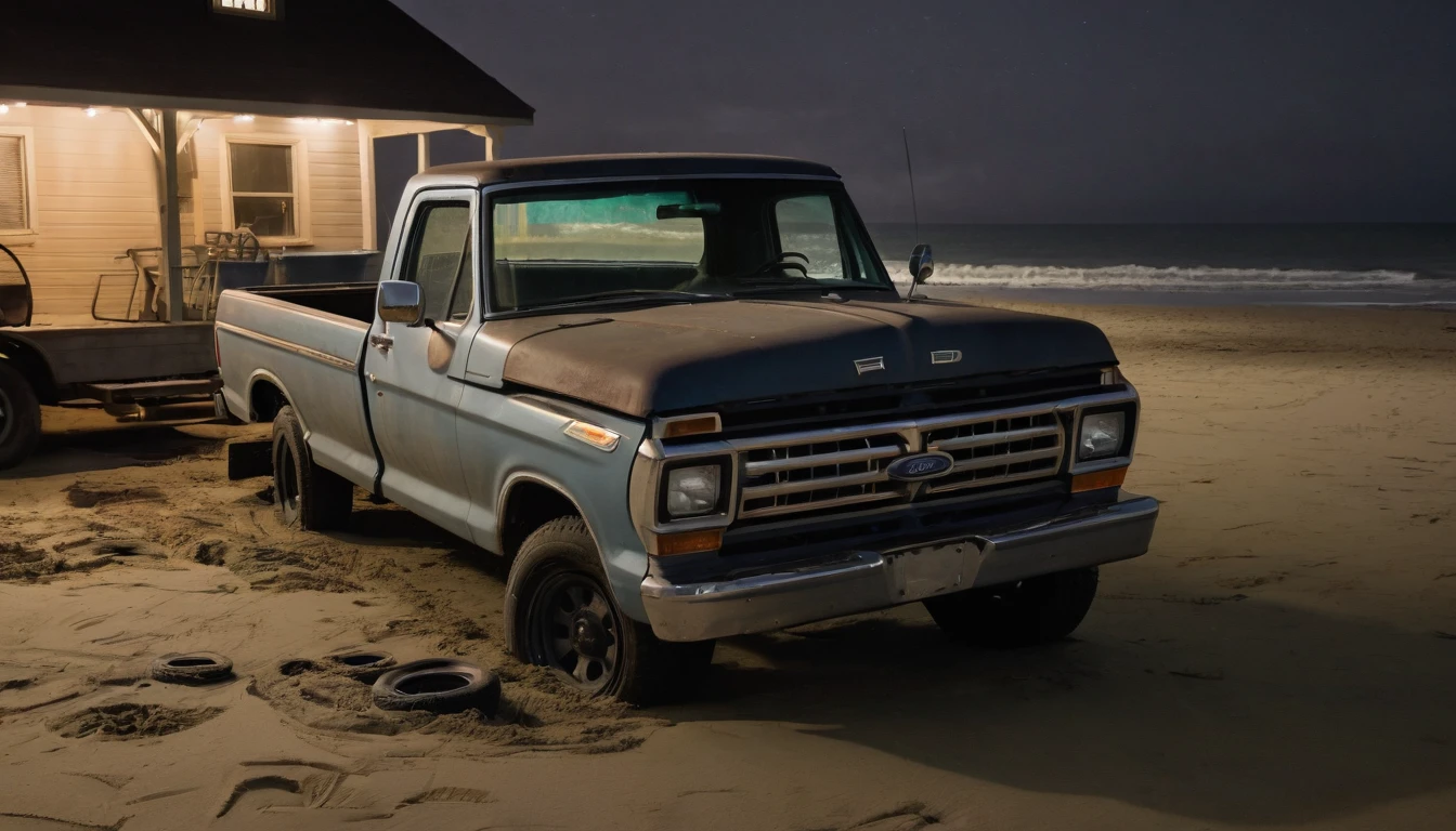 A Ford F-Series with torn tires and a broken driver's window in a sandy parking lot near the beach in the dark of night