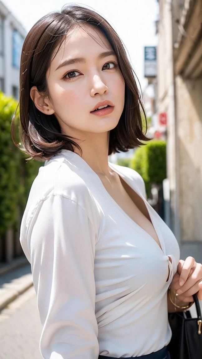 (((Realistic photograph))),, Portraiture, (Scary face:1.3),, beautiful girl, View your audience, , (school uniform:1.2), Buttoned shirt and trousers, , (Cleavage:1),, On the streets of Japan, (Environment details:1.3),, (RAWphotograph, CG unity, photograph, ultra Realistic details, Sharp focus, Detailed skin,4K, High resolution, masterpiece, Highest quality, Realistic, Vibrant:1.2),, (8K,4K, 超High resolution, High resolution, Professional, movieのような, movie, dramatic),, (Anamorphic depth of field blur background), Detailed Background,