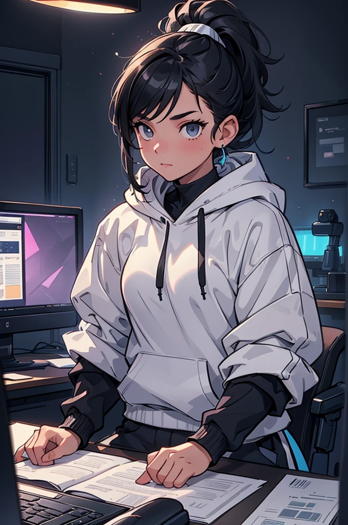 (masterpiece, best quality, detailed face, super detailed, advanced details, highest quality, high resolution, 8K) A cinematographic scene of a tomboy white skin girl, ponytail dark hair, grey eye color, wearing a black cap, black hoodie, black techwear clothes, sit on a desk hacking on computer, dark secret room with computer screens neon lights on the background