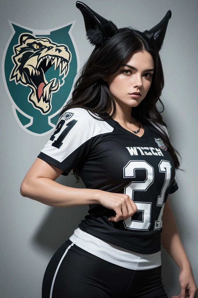 American football style logo with the image of a witch with an alligator head.