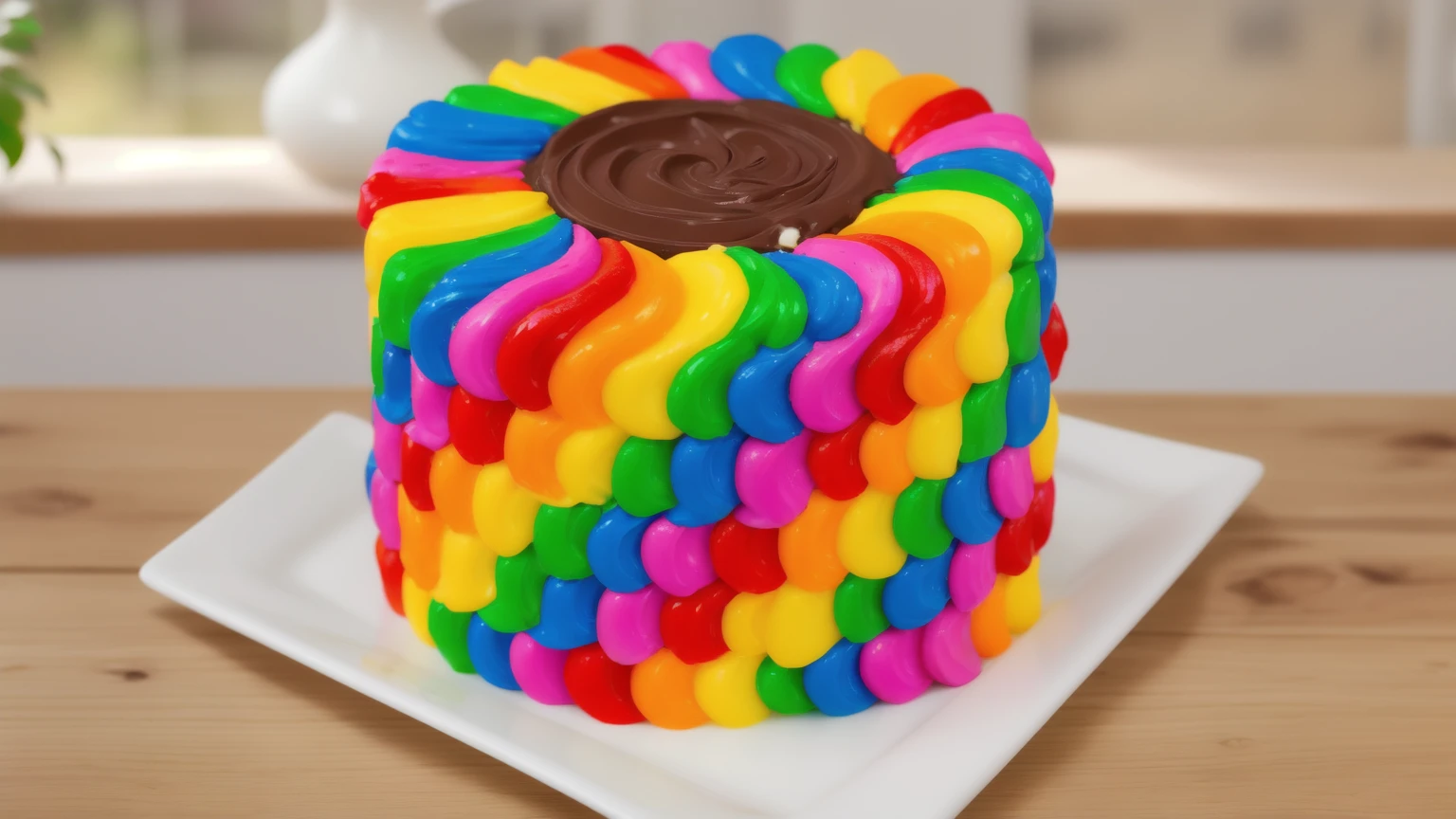 on a wooden table. there is a square white plate. rainbow cream cake. smears of cream in a checkerboard pattern, hole with chocolate drips on top, ((cream highlights)), against the background of the kitchen, Kitchenware, vases with plants, Beautiful light from the window, contour light, Multiple light sources, beautiful sunlight, Bright light source, bright lighting, beautiful light sources, Multiple light sources, Realistic style , realistic texture, detailed texture, A high resolution, high quality, macro photography