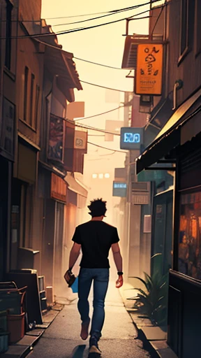 On a night in a large metropolis, a man is seen walking through the dark streets, his name is Lucas, he has dark hair, wears a black t-shirt and jeans and he is talking to five men comic book illustration