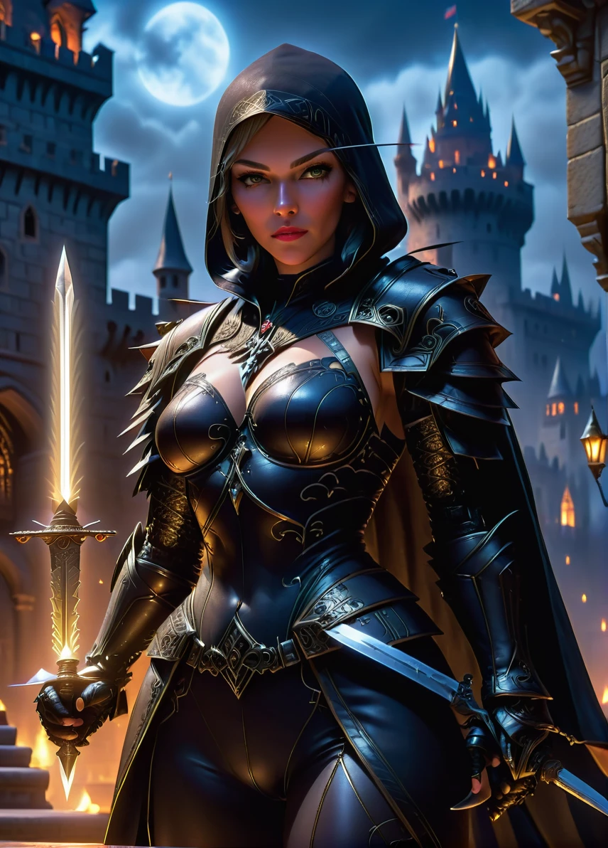 assassin, mature slim female, (fully covered:1.1), (skinny:1.2), cloaking symbols and patterns, stealthy, face mask, inside night castle, holding an dagger, full shot, ((looking at viewer:1.2), (from side:0.8)), full black leather armor, athletic, volumetric lighting dynamic lighting, real shadows, vibrant contrasting colors, style of Stephen Hickman and Stan Manoukian, ultra realistic, masterpiece, high quality, highres, sharp focus, intricate, sharp details, highly detailed, rich color, 8K,