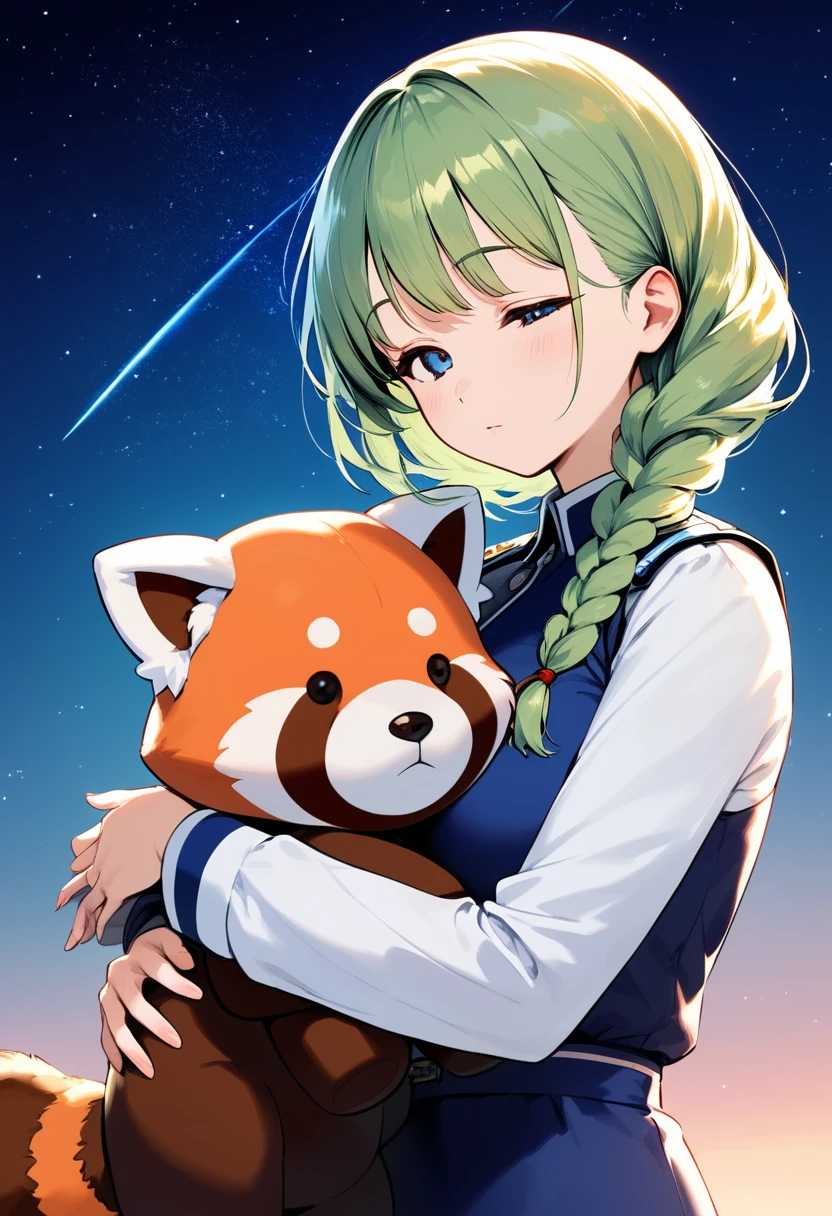 Blue-green hair　girl　Blue Eyes　Short Hair　Red Panda　C Cup　Warrior uniform　Long sleeve　Cleavage　stuffed toy　Embrace　Braided Hair Arrangement　The background is a starry sky like the universe　Ready your sword　Sleeping together　