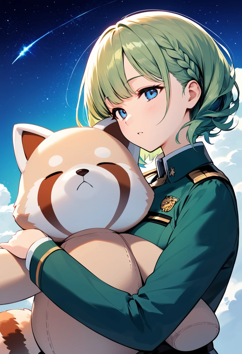 Blue-green hair　girl　Blue Eyes　Short Hair　Red Panda　C Cup　Warrior uniform　Long sleeve　Cleavage　stuffed toy　Embrace　Braided Hair Arrangement　The background is a starry sky like the universe　Ready your sword　Sleeping together　