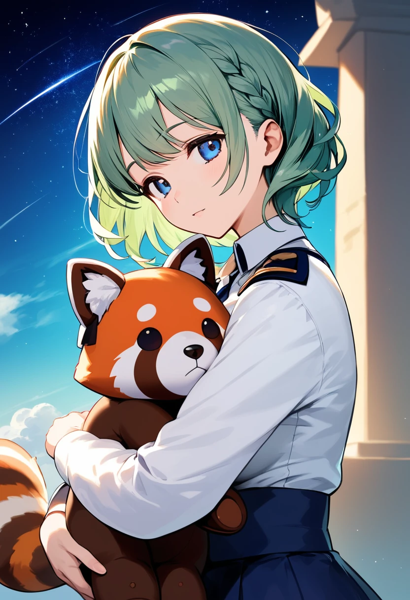 Blue-green hair　girl　Blue Eyes　Short Hair　Red Panda　C Cup　Warrior uniform　Long sleeve　Cleavage　stuffed toy　Embrace　Braided Hair Arrangement　The background is a starry sky like the universe　Ready your sword　Sleeping together　