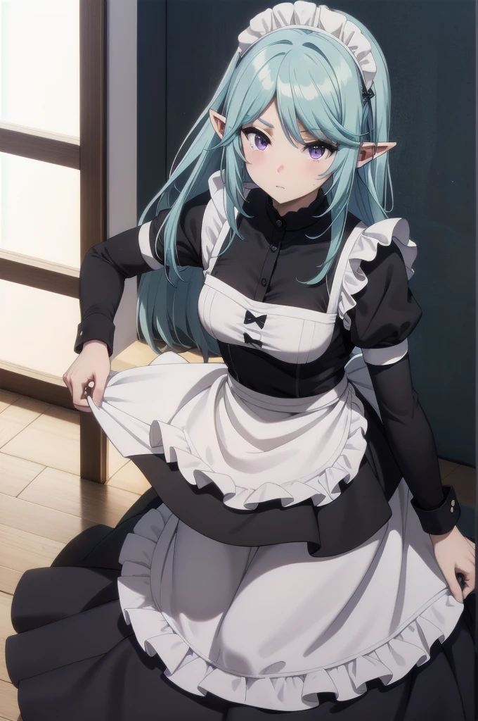 best quality, blue hair,,long hair,purple eyes,pointy ears,elf,,masterpiece, highres, solo, (maid:1.40), (long maid dress:1.15), anime_style, 14
