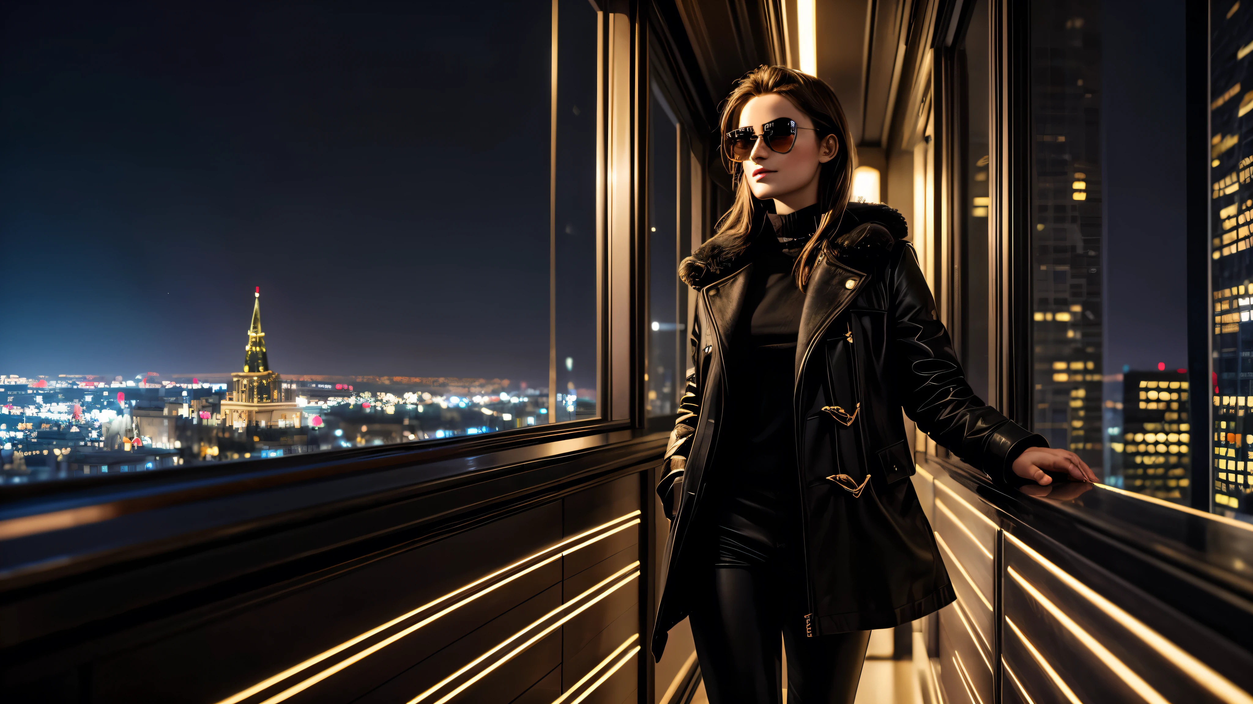 masterpiece, best quality, extremely detailed, hyperrealistic:1.1, photorealistic, a beautiful 20s russian woman model, ultra detailed face:1.1, sunglasses on head:1.1, black duffle coat, t-shirt, in the night, city, the view from high-rise, happy smile:1.1