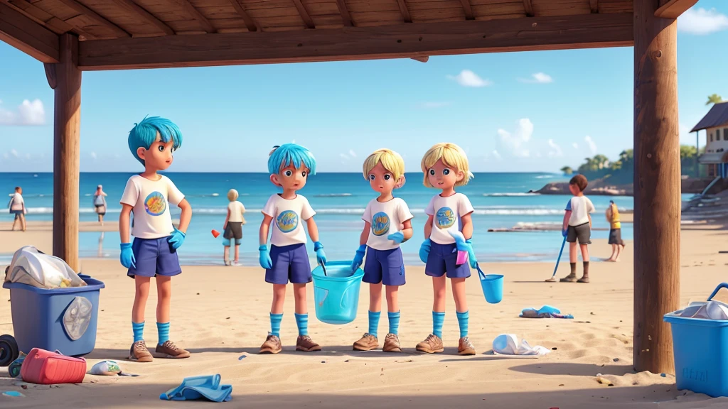 a small group of people are cleaning a dirty beach. there is rubbish scattered all over the sand and people are wearing gloves collecting rubbish. there is a blonde girl. there is a girl with blue hair. there is a boy in shorts and a t-shirt.