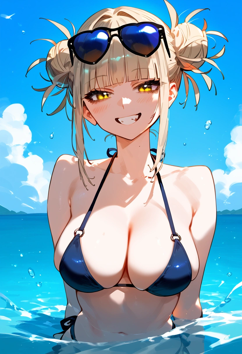 anime artwork, score_9, score_8_up, score_7_up, score_6_up, score_5_up, score_4_up, floox style    //////Himiko toga, big breasts, she is 24 years old, style_3, , , , naked, sunglasses, yellow eyes, solo, bikini , smile, in water, 