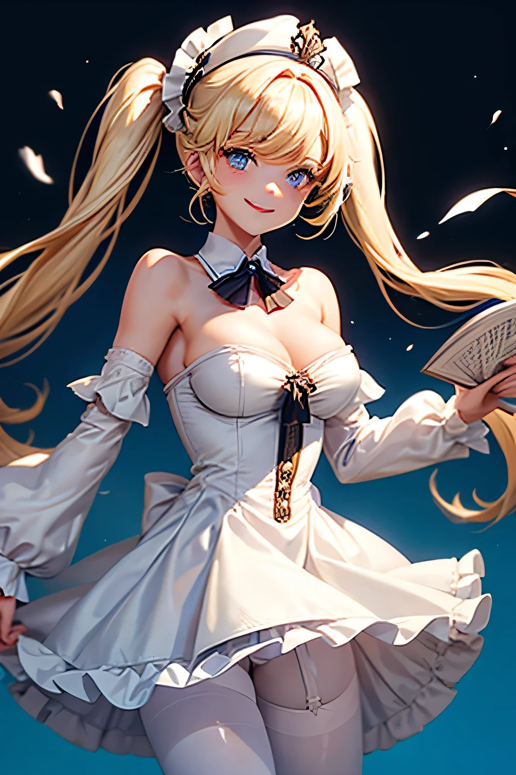 1girl, barbara_(genshin_impact), solo, breasts, blue_eyes, pantyhose, dress, smile, white_pantyhose, twintails, white_background, looking_at_viewer, blonde_hair, detached_sleeves, simple_background, bare_shoulders, white_dress, cleavage, book, bangs, long_sleeves, white_headwear, strapless, hat, detached_collar, medium_breasts, long_hair, strapless_dress, twin_drills, bow, drill_hair, frills