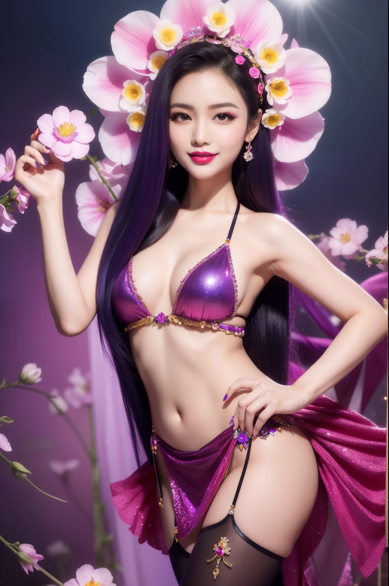 sexy Thai model who controls poison、beautiful smile、lipgloss、bold lipstick、intense makeup、look at the camera、full body Esbian、、sparkling poisoned flower costume、、、、sparkling Colorful hair、secrete poison、skull hair accessories、sexy tights、shiny sparkling flowers background