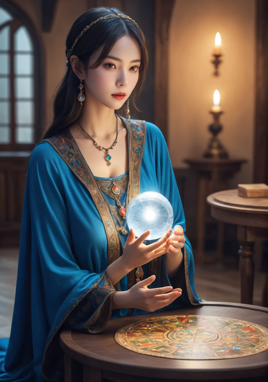 Female fortune teller. Body and face orientation: front. Charm, Beautiful and mysterious. She is wearing a blue cape、Have a clear face. The atmosphere is bright and sparkling, Filled with anxiety and anticipation. A fortune teller is standing. He has a crystal ball in his right hand. The lighting in the room is bright, Create a fantastic atmosphere. Best image quality, 4K or 8K resolution. Extremely detailed and realistic, Almost photorealistic. Artistic style is、It should reflect the formula's aesthetic with bright colors and strong contrast。. The color palette should emphasize the mysterious and mystical theme of the piece.. The fortune teller's cloak is decorated with metal trim and intricate designs.、The thickness ratio is 1.5. The overall atmosphere is starry and magical.. The fortune teller's facial expression should arouse mystical interest..
