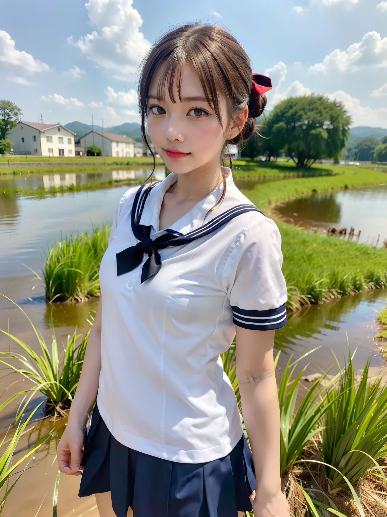 ((Best of the highest quality, 8k, Masterpiece, raw photo: 1.2)), (Sharp focus: 1.2), (1 AESPA, slim body type female, 21 y/o: 1.1), (solo: 1.28), (realistic, photo-realistic:1.37), face focus, cute face, finely eyes, (droopy eyes: 1.32), (Emphasize prominent aegyo-sal with bright: 1.2), shimmering eyeshadow applied under the lower lash line, paired with thick, (small breasts, flat chest, Thigh: 1.3), (short messy hair, updo: 1.28), (school sailor uniform, ribbon: 1.32), walking river, (rice field, paddy field: 1.1), flower, (from behind: 1.16)