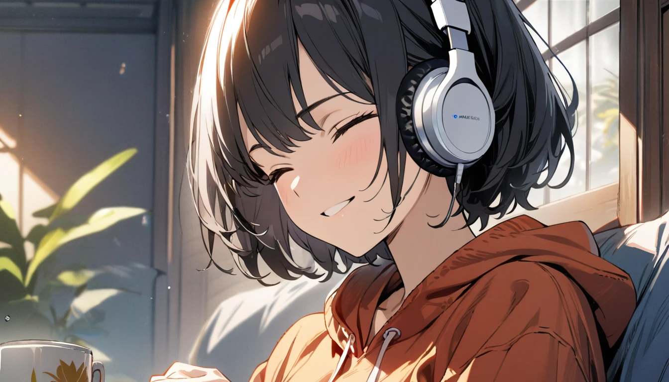 1girl, solo, gentle smile on her face flat chest, short hair, black hair, upper body, ((masterpiece, illustration, best quality)) ((best quality)), ((masterpiece)), (detailed), perfect face, sitting under the Blue Jacaranda (Jacaranda mimosifolia), listening to music, One woman, wearing headphones, eyes closed, wearing a hoodie