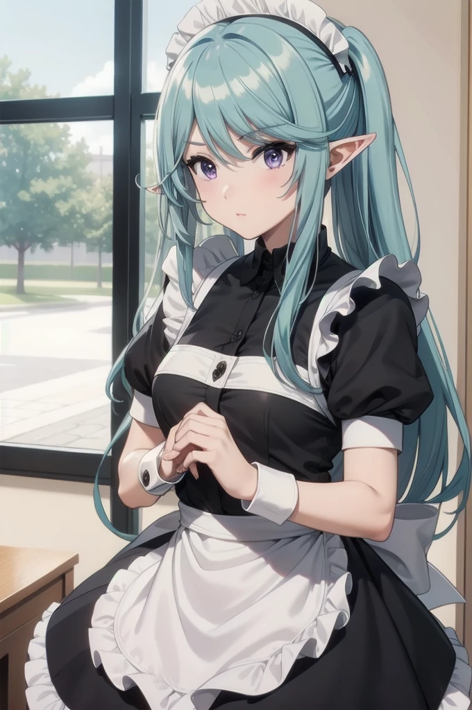 best quality, blue hair,,long hair,purple eyes,pointy ears,elf,,masterpiece, highres, solo, (maid:1.40), (long maid dress:1.15), anime_style, 14
