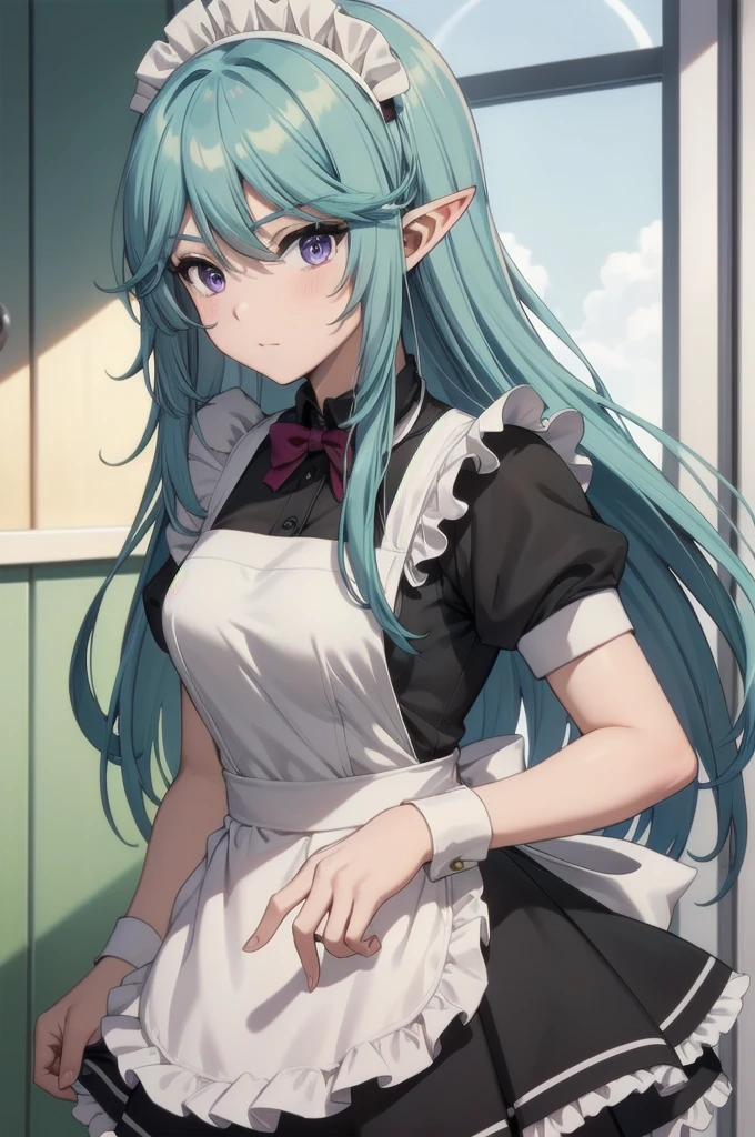 best quality, blue hair,,long hair,purple eyes,pointy ears,elf,,masterpiece, highres, solo, (maid:1.40), (long maid dress:1.15), anime_style, 14
