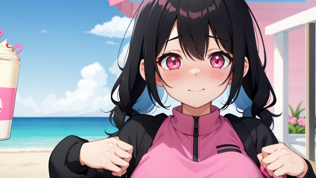 One girl,Black Hair,Pink eyes,(blush:1.1)、Embarrassed face、 ((Heavy breathing:1.3)), like,  smile、Big Breasts、whole body,I'm eating ice cream,Sexy pose