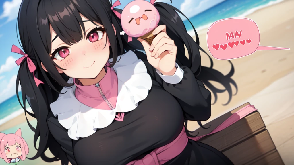 One girl,Black Hair,Pink eyes,(blush:1.1)、Embarrassed face、 ((Heavy breathing:1.3)), like,  smile、Big Breasts、whole body,I'm eating ice cream,Sexy pose