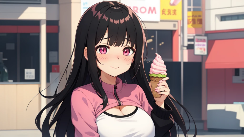 One girl,Black Hair,Pink eyes,(blush:1.1)、Embarrassed face、 ((Heavy breathing:1.3)), like, smile、Big Breasts、whole body,I'm eating ice cream,Sexy pose
