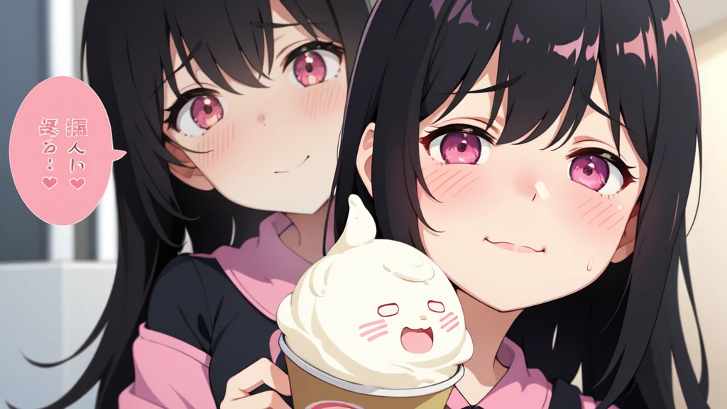 One girl,Black Hair,Pink eyes,(blush:1.1)、Embarrassed face、 ((Heavy breathing:1.3)), like,  smile、Big Breasts、whole body,I'm eating ice cream,Sexy pose