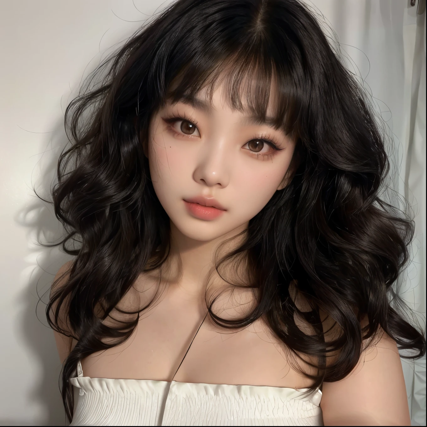 araffed asian woman with long black hair and a white top, curly bangs, curly bangs and ponytail, sultry look, sexy face with full makeup, with professional makeup, with long curly hair, curly middle part haircut, the hime cut, headshot profile picture, curtain bangs, wavy shoulder-length hair, bangs and wavy hair, wavy hair spread out , , blackpink jennie , blackpink Lisa , asian famale face , cute girl , Korean famale