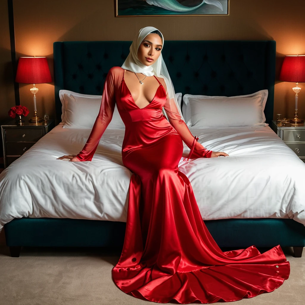 a woman in the translucent red night gown, half naked, nipple on with nipple piercing, wearing satin hijab, full body,mermaid tight long gown, flowy dramatic long gown,very long flor length gown, tall women, in bedroom, sexy face, sexy pose laying in bed, wear high heels, masterpice