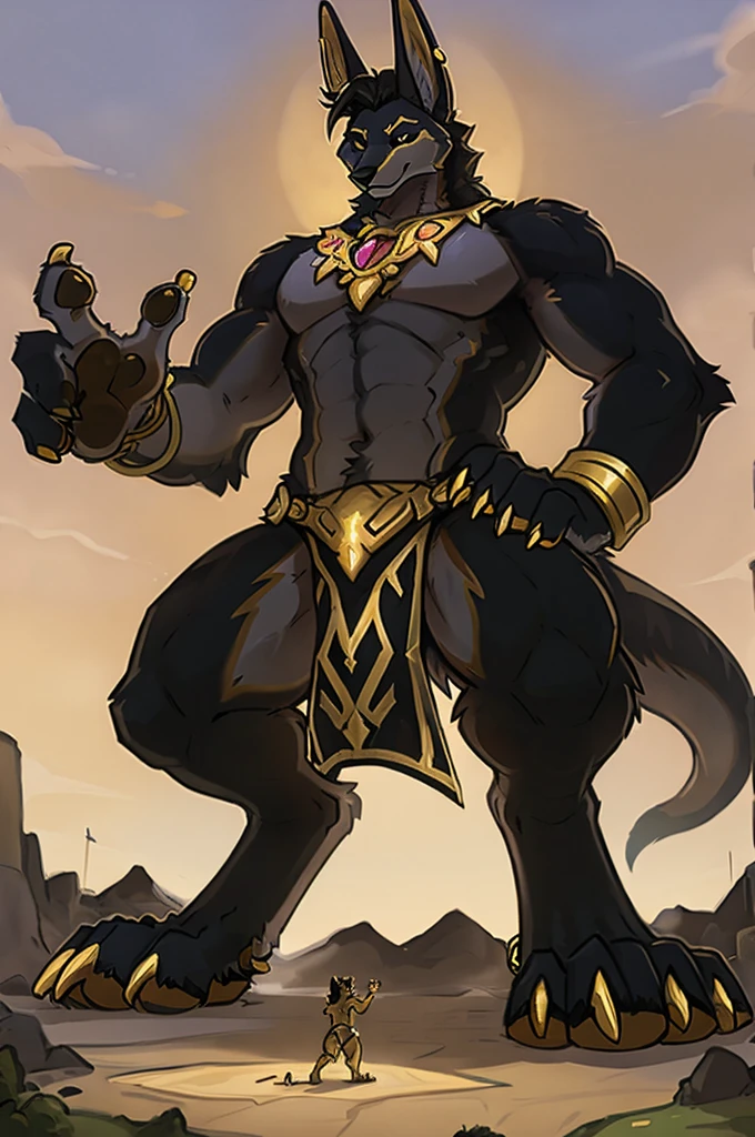 birds-eye view, macro furry,anthro,
Jackal, jackal ears,jackal tail, dark black fur, short wavy hair, hair covering one eye, black sclera, gold pupil, pawpads, gold pawpads, tall, handsome, sexy, slim, twink, femboy, standing over a tiny continent on earth, looking down at ground, hands on hips,
wearing black loin cloth with a gigantic bulge, gold jewelry, gold anklets,
sunny day, giant attacking tiny continent, tiny city below character, giga-sized character, size difference, macro, macro furry, digitigrade, digitigrade stance, alone, 