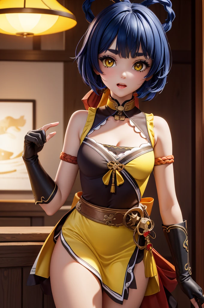 genshinxiangling, xiangling, blue hair, braid, braided hair rings, hair ornament, hair rings, hairclip, (yellow eyes:1.5), (small breasts:1.2), open mouth,
BREAK arm strap, bare shoulders, bell, belt, black footwear, black gloves, boots, brown belt, cleavage, cleavage cutout, clothing cutout, dress, fingerless gloves, gloves, high heels, jingle bell, thigh strap,
BREAK looking at viewer, (cowboy shot:1.5),
BREAK indoors, restaurant,
BREAK (masterpiece:1.2), best quality, high resolution, unity 8k wallpaper, (illustration:0.8), (beautiful detailed eyes:1.6), extremely detailed face, perfect lighting, extremely detailed CG, (perfect hands, perfect anatomy),