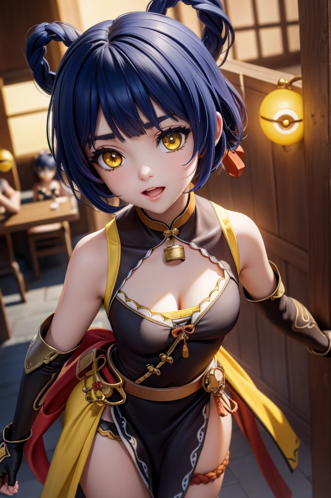 genshinxiangling, xiangling, blue hair, braid, braided hair rings, hair ornament, hair rings, hairclip, (yellow eyes:1.5), (small breasts:1.2), open mouth,
BREAK arm strap, bare shoulders, bell, belt, black footwear, black gloves, boots, brown belt, cleavage, cleavage cutout, clothing cutout, dress, fingerless gloves, gloves, high heels, jingle bell, thigh strap,
BREAK looking at viewer, (cowboy shot:1.5),
BREAK indoors, restaurant,
BREAK (masterpiece:1.2), best quality, high resolution, unity 8k wallpaper, (illustration:0.8), (beautiful detailed eyes:1.6), extremely detailed face, perfect lighting, extremely detailed CG, (perfect hands, perfect anatomy),