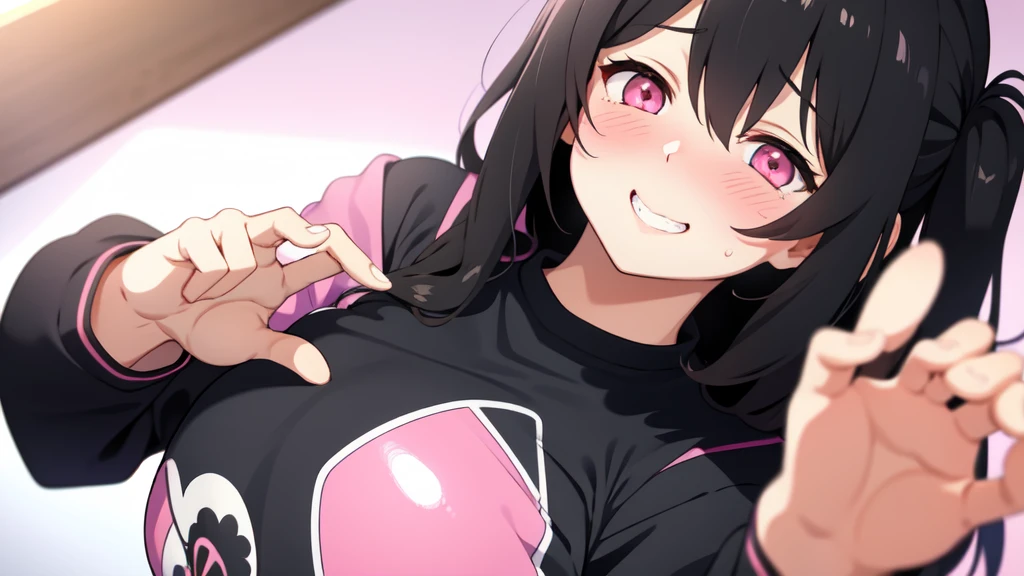 One girl,Black Hair,Pink eyes,(blush:1.1)、Embarrassed face、 ((Heavy breathing:1.3)), like, smile、Big Breasts、whole body,I'm eating ice cream,Sexy pose
