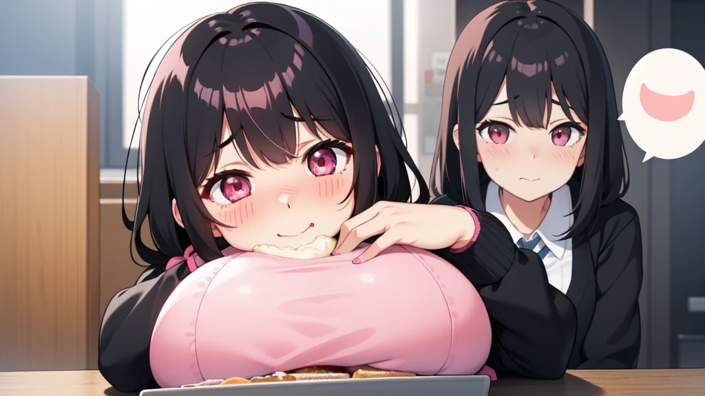 One girl,Black Hair,Pink eyes,(blush:1.1)、Embarrassed face、 ((Heavy breathing:1.3)), like,  smile、Big Breasts、whole body,I'm eating ice cream,Sexy pose