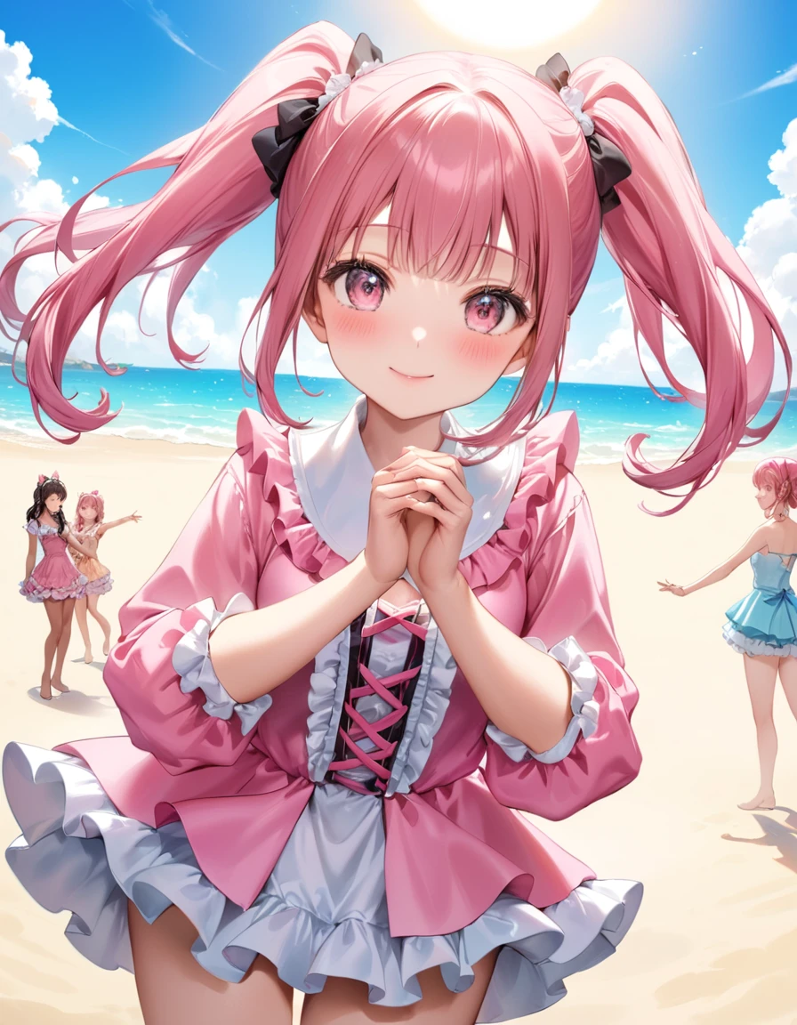 dynamic angle, (close up face), ultra realistic beautiful moe anime, best quality, masterpiece, extremely cute and tender girl, cute pose, sweet smile, (petite), beautiful tender eyes symmetrical, (beautiful and detailed face), beautiful long twintail hair, (pastel pink hair:1.3), blunt bangs, nice hands, perfect hands, (pink:1.2 sweet cake-inspired motif frilly dress), a lot of frills, frilly long sleeves, pink lace cloak, Summer Frilly Audition, In the midst of the summer heat enveloping the beach, colorful frilly costumes sway on stage. The participants are dancing their hearts out to showcase their talents. Their smiles shine as bright as the sun.