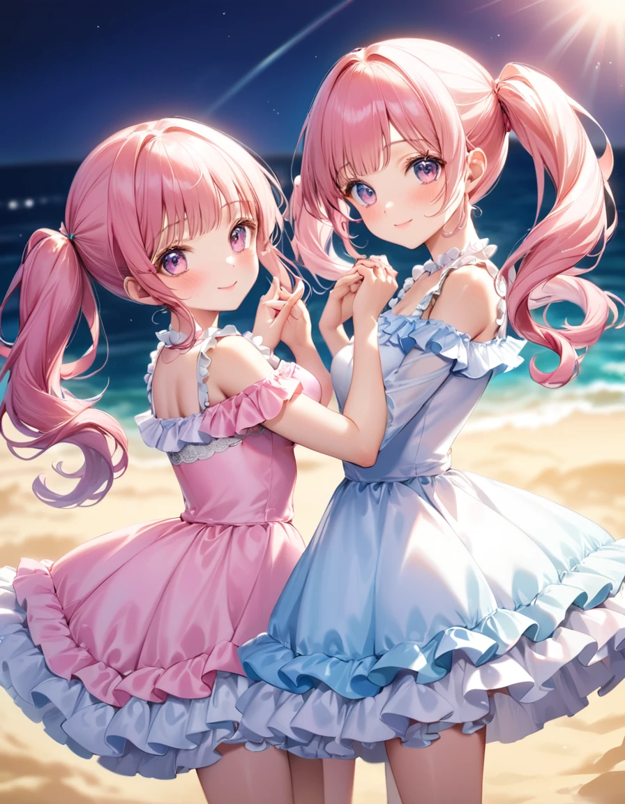 dynamic angle, (close up face), ultra realistic beautiful moe anime, best quality, masterpiece, extremely cute and tender girl, cute pose, sweet smile, (petite), beautiful tender eyes symmetrical, (beautiful and detailed face), beautiful long twintail hair, (pastel pink hair:1.3), blunt bangs, nice hands, perfect hands, (pink:1.2 sweet cake-inspired motif frilly dress), a lot of frills, frilly long sleeves, pink lace cloak, Summer Frilly Audition, In the midst of the summer heat enveloping the beach, colorful frilly costumes sway on stage. The participants are dancing their hearts out to showcase their talents. Their smiles shine as bright as the sun.