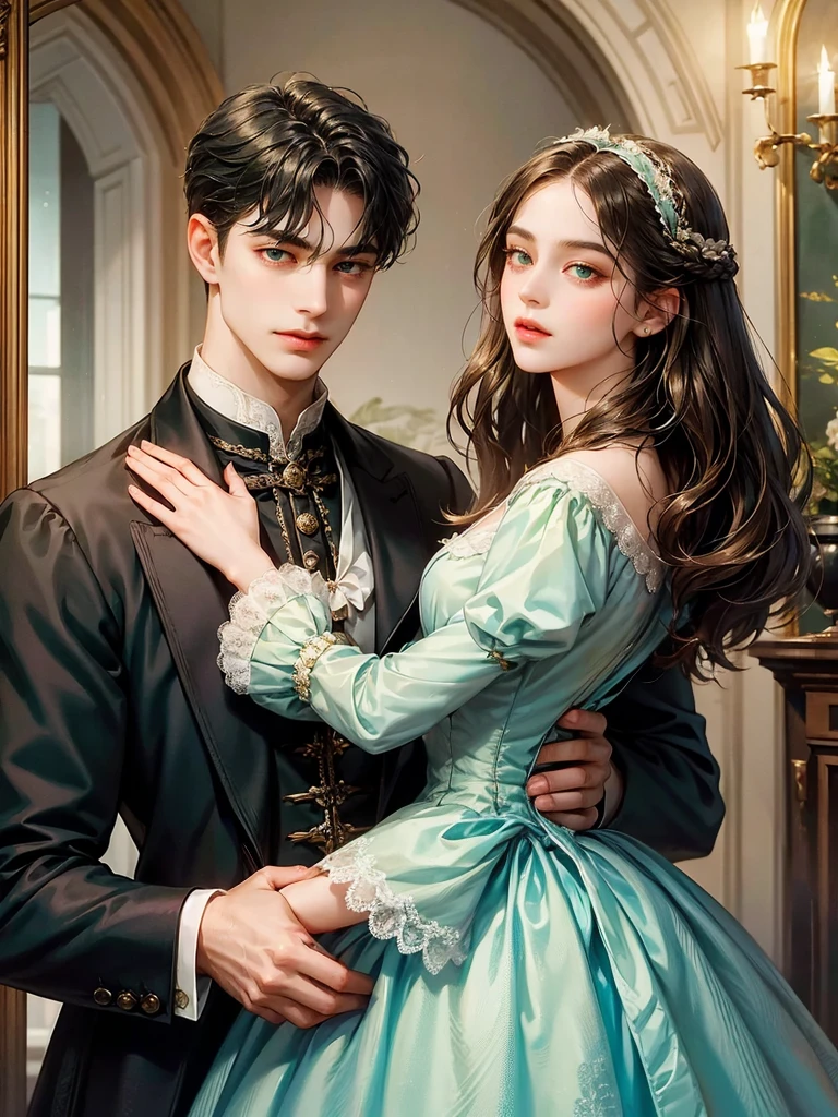 Delated the part selected. Repainting the dress. She wears a Victorian era dress. He hugs the girl. Background inside of a hall