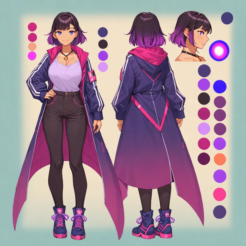 score_9, score_8_up, score_7_up, score_6_up, score_5_up, score_4_up, BREAK source_anime, 1girl, Gradient hair black, plum, Creative design, full body, Reference sheet, Character sheet