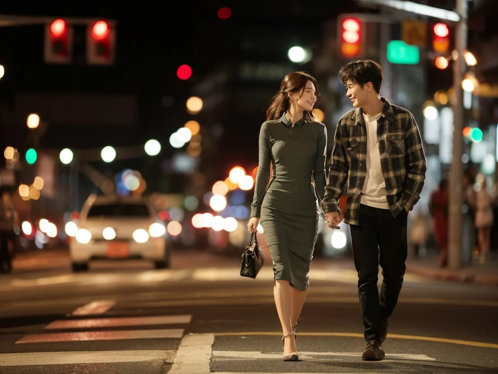 A striking, ultra-detailed image of a young Korean couple strolling hand-in-hand on a bustling night street. The man is dressed in a cozy flannel shirt,

while the woman is clad in a stylish, form-fitting dress. The city lights and traffic signals illuminate their surroundings, casting a warm, inviting glow. The couple's expressions convey a deep connection and passion, as they share a tender moment in the vibrant urban setting.

