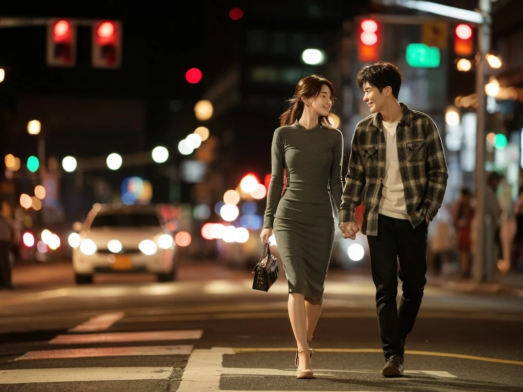 A striking, ultra-detailed image of a young Korean couple strolling hand-in-hand on a bustling night street. The man is dressed in a cozy flannel shirt,
while the woman is clad in a stylish, form-fitting dress. The city lights and traffic signals illuminate their surroundings, casting a warm, inviting glow. The couple's expressions convey a deep connection and passion, as they share a tender moment in the vibrant urban setting.