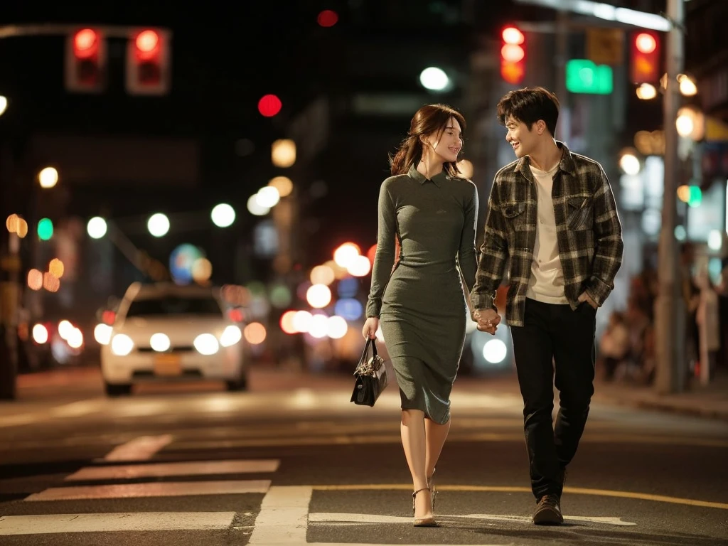 A striking, ultra-detailed image of a young Korean couple strolling hand-in-hand on a bustling night street. The man is dressed in a cozy flannel shirt,
while the woman is clad in a stylish, form-fitting dress. The city lights and traffic signals illuminate their surroundings, casting a warm, inviting glow. The couple's expressions convey a deep connection and passion, as they share a tender moment in the vibrant urban setting.