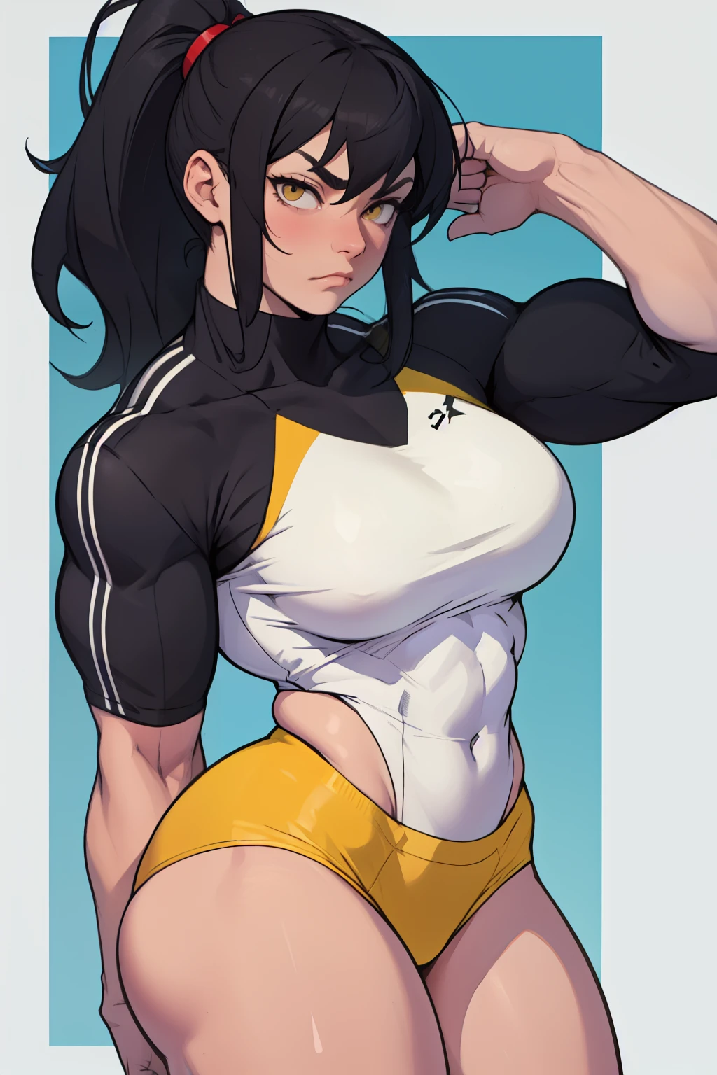 muscular girl large breasts thick thick thick thick thick black hair yellow eyes pale skin disappointed frown athletic female