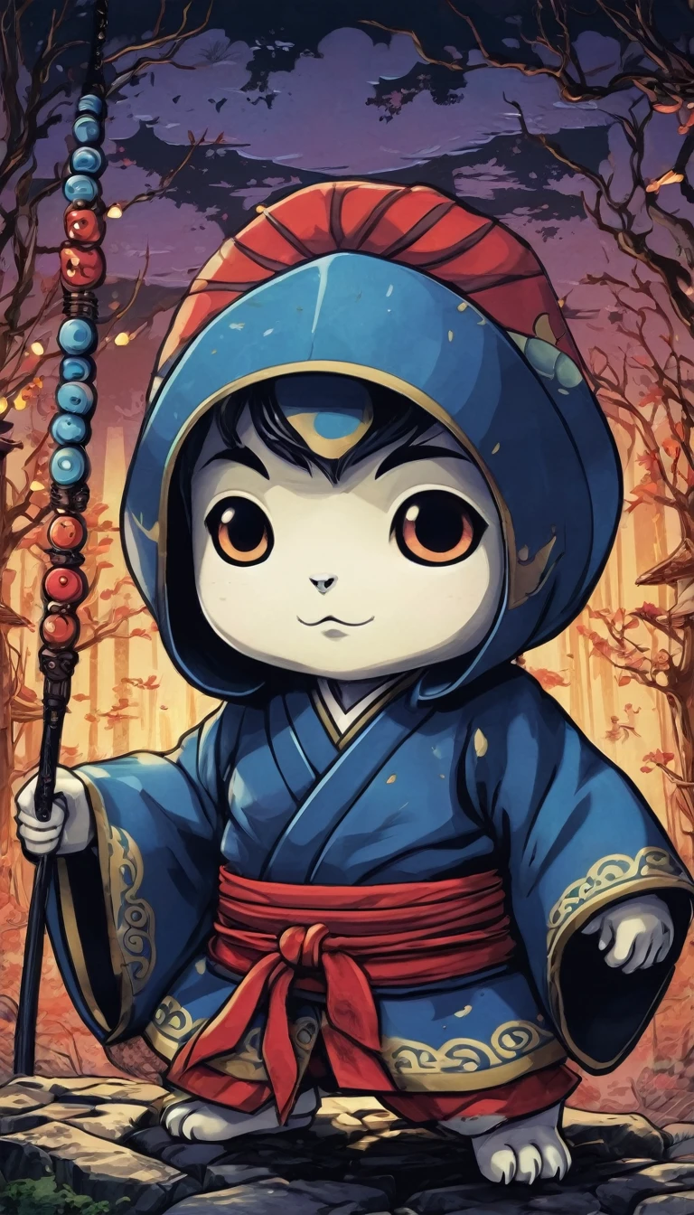 character,Cute Yokai,simple,masterpiece, Highest quality:1.4) , Comic book cover art, Graphic Illustration, Very detailed, High level of expertise, Ciarroscuro, Extremely modest, dark palette, Exposure , View your viewers