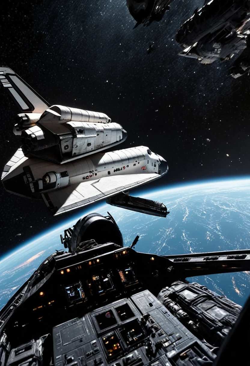 (Space War), sci-fi style, two massive interstellar fleets fiercely engage in a firefight on the planet's orbit, with laser beams and explosions piercing through the dark space. The exploding flames reflect the details of the battleship's steel shell, with a background of starry sky and planets, (panoramic view), award-winning, cinematic still, emotional, vignette, dynamic, vivid, (masterpiece, best quality, Professional, perfect composition, very aesthetic, absurdres, ultra-detailed, intricate details:1.3)