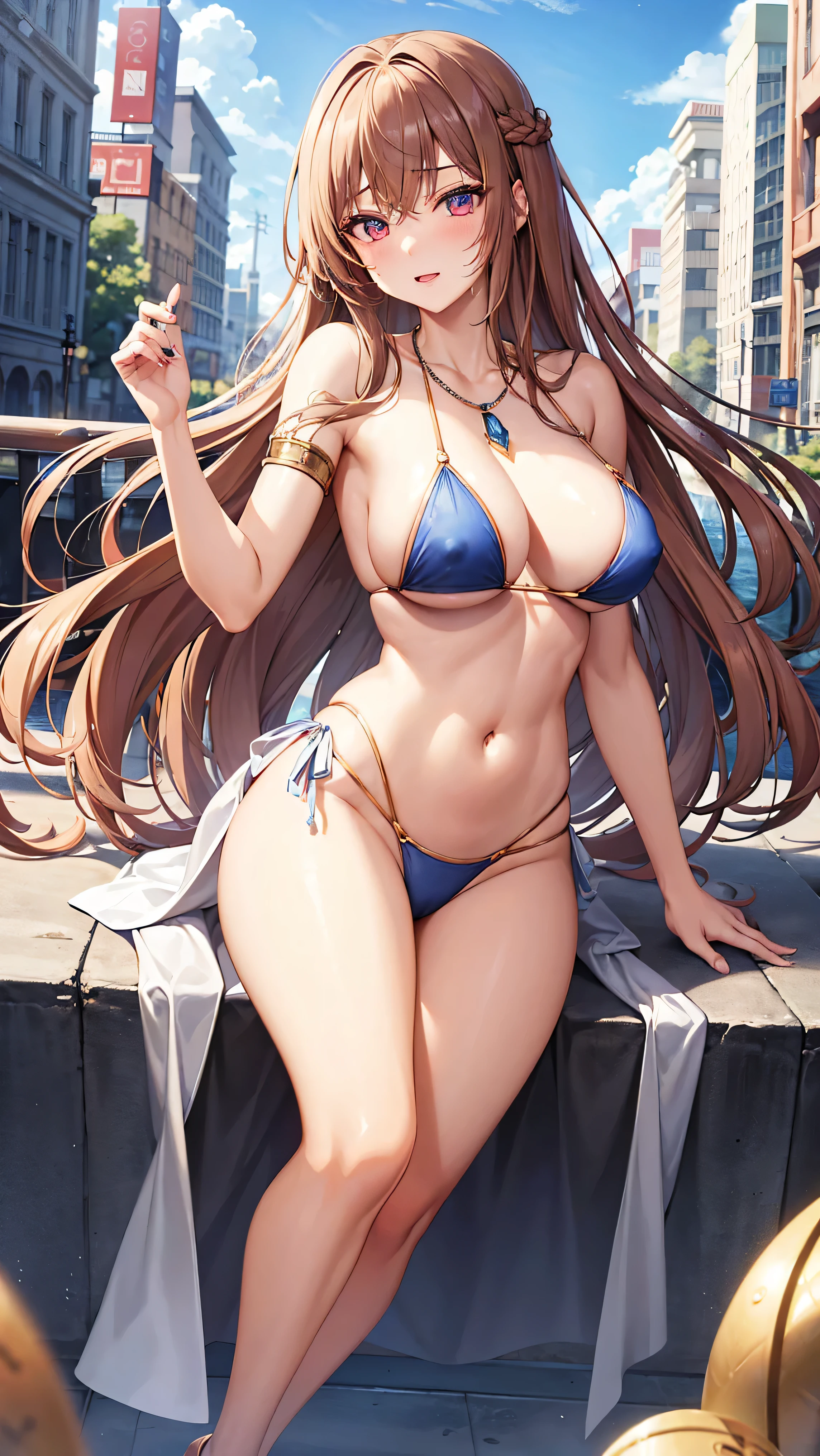 game , Nikke, the goddess of victory, Neat , Light brown hair,  Captivating eyes ,beautiful face , Crystal Red Eye ,  Long Hair  , Cleavage, Underarm, necklace, Light blue bikini,G-cup breasts, Narrow waist, Captivating thighs, 5 fingers on each hand, both hands ,2 basics , city, date, beautiful, High heels, cloudy, it&#39;s raining, Fall into the pool, Floating on water, Soaked clothes, See-through shirt , hard nipples, Water dripping on the body, puff, Blushing, seductive pose , sweating , 