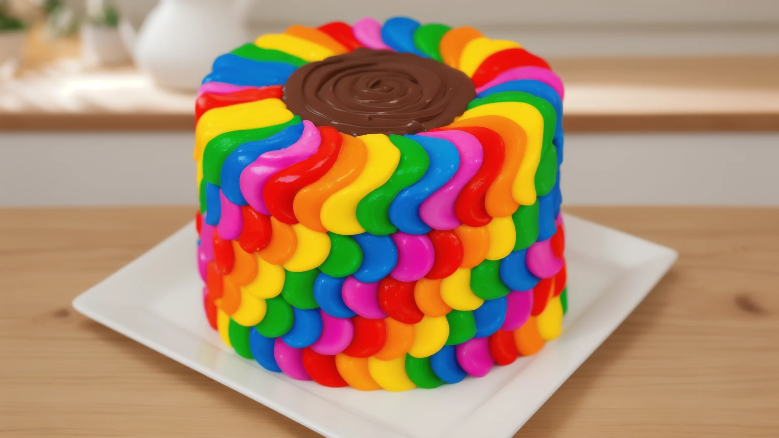 on a wooden table. there is a square white plate. rainbow cream cake. smears of cream in a checkerboard pattern, hole with chocolate drips on top,  ((cream highlights)), against the background of the kitchen, Kitchenware, vases with plants, Beautiful light from the window, contour light, Multiple light sources, beautiful sunlight, Bright light source, bright lighting, beautiful light sources, Multiple light sources, Realistic style , realistic texture, detailed texture, A high resolution, high quality, macro photography 
