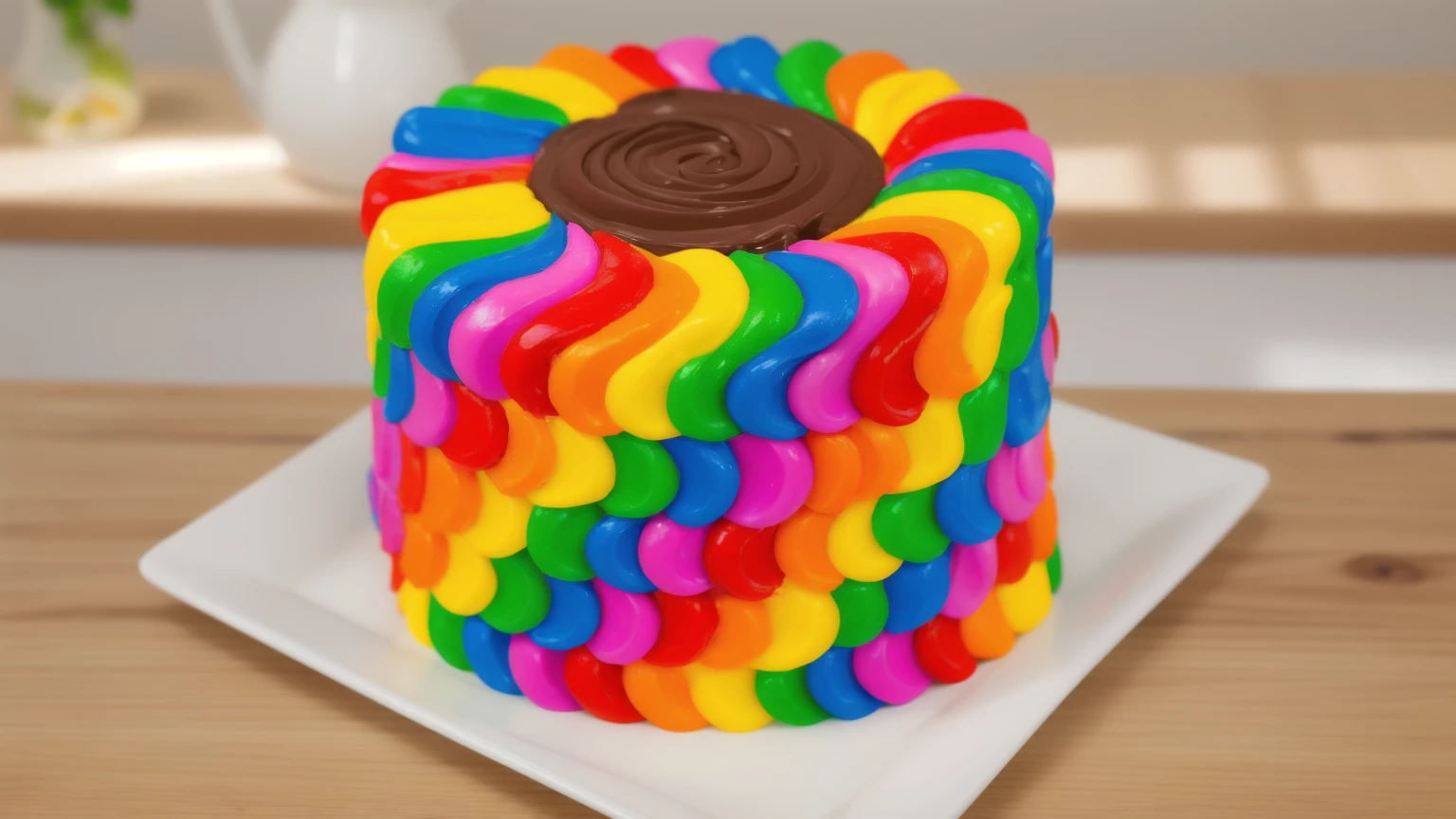 on a wooden table. there is a square white plate. rainbow cream cake. smears of cream in a checkerboard pattern, hole with chocolate drips on top,  ((cream highlights)), against the background of the kitchen, Kitchenware, vases with plants, Beautiful light from the window, contour light, Multiple light sources, beautiful sunlight, Bright light source, bright lighting, beautiful light sources, Multiple light sources, Realistic style , realistic texture, detailed texture, A high resolution, high quality, macro photography 