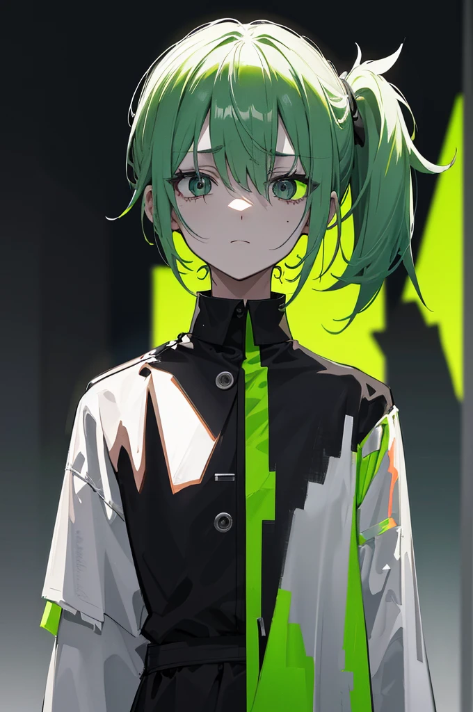 Fluorescent green very short ponytail , black eye, severe dark circles , droopy eyes , hospital patient clothes, psychopath , experiment , experiment체 ,Timid , dependent , heartless , night background , dark , Hikikomori , genderless , masculine , boy , man , Man , man 캐릭터